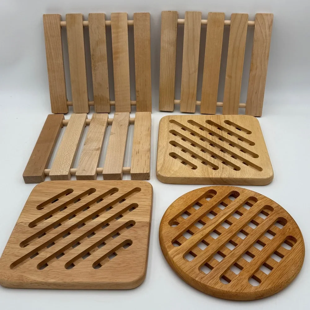 Vtg Wooden Trivet Set of 6 Natural Wood Hot Pads Square Round Slatted Slotted